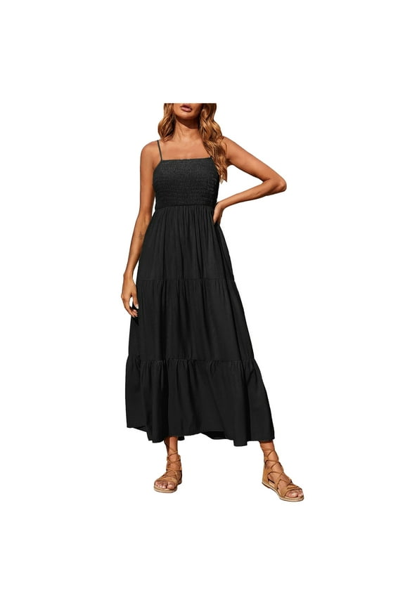 Summer Dresses for Women Plus Size Summer Dresses,Women's Bohemian Spaghetti Strap Smocked Tiered Sun Dresses Sleeveless Solid Maxi Dress,Holiday Party Beach Dress,Gifts for Women