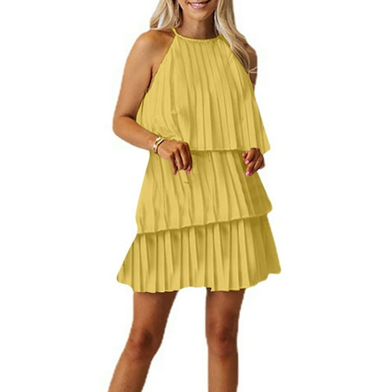 ibuvkizy Summer Dresses for Women Plus Size,Women's Camisole Sleeveless Layered Patchwork Hem Solid Color Dress,Holiday Party Beach Dress,Gifts for Women