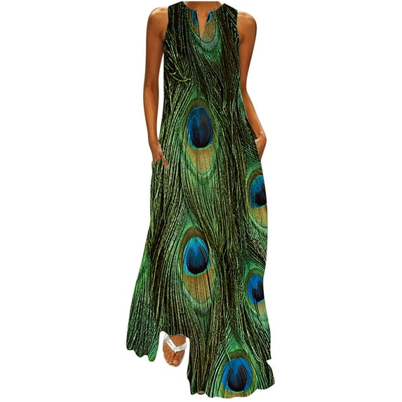 ibuvkizy Summer Dresses for Women Plus Size Summer Dresses,Women's Casual Long Dress With Striped Floral Print Sleeveless Maxi Dress,Holiday Party Beach Dress,Gifts for Women