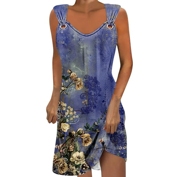 ibuvkizy Summer Dresses for Women,Plus Size Summer Dresses,Women's Casual Versatile Printed Round Neck Casual Sleeveless Suspender Dress,Holiday Party Beach Dress,Gifts for Women