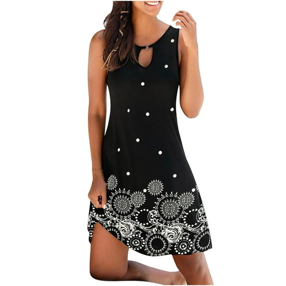 ibuvkizy Summer Dresses for Women Plus Size,Women's Fashion Vintage Round Neck Sleeveless Flower Printed Round Button Dresses,Holiday Party Beach Dress,Gifts for Women