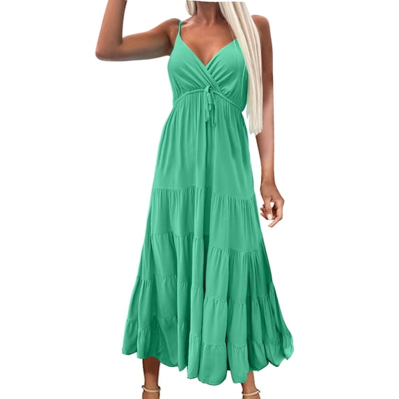 ibuvkizy Summer Dresses for Women Plus Size,Women's High Waisted Sexy Pleated Suspender Sleeveless Large Skirt Hem V-neck Solid Dress,Holiday Party Beach Dress,Gifts for Women