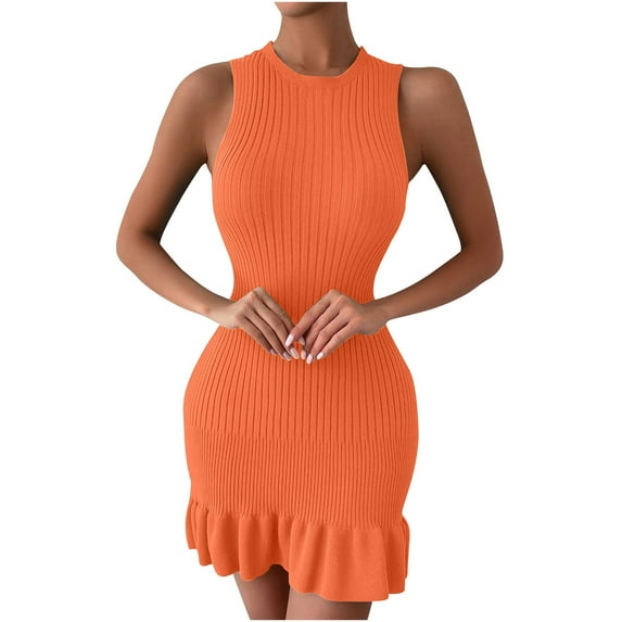 ibuvkizy Summer Dresses for Women Plus Size,Women's Sexy Slimming Sleeveless A-line Ruffled Knit Dress Round Neck Knee Length Dress,Holiday Party Beach Dress,Gifts for Women