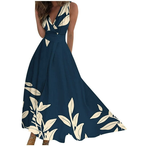 ibuvkizy Summer Dresses for Women Plus Size Summer Dresses,Women's Spring/Summer Sleeveless Color V-Neck Wrapped Chest Dress Long Dress,Holiday Party Beach Dress,Gifts for Women