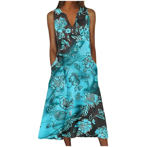 ibuvkizy Summer Dresses for Women Plus Size Summer Dresses,New Women's V-neck Button Button Sleeveless Printed Long Dress,Holiday Party Beach Dress,Gifts for Women