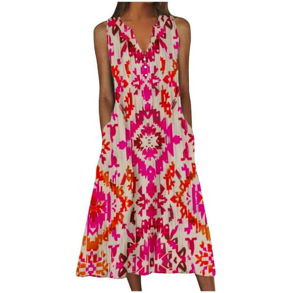 ibuvkizy Summer Dresses for Women Plus Size Summer Dresses,New Women's V-neck Button Button Sleeveless Printed Long Dress,Holiday Party Beach Dress,Gifts for Women