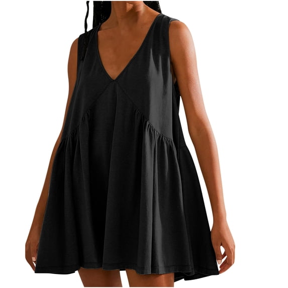 ibuvkizy Summer Dresses for Women Plus Size,Women Casual Loose Solid Pocket Pleated Sleeveeless V-Neck Dress,Holiday Party Beach Dress,Gifts for Women