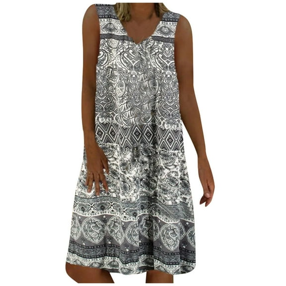 ibuvkizy Summer Dresses for Women Plus Size,Women Summer Dress Vintage Loose V-neck Print Sleeveless Tank Midi Dress,Holiday Party Beach Dress,Gifts for Women