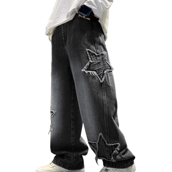 ibuvkizy Summer Jeans Pants Teen Boys Star Baggy Straight Wide Leg Elastic Waist Denim Pants with Pockets for School