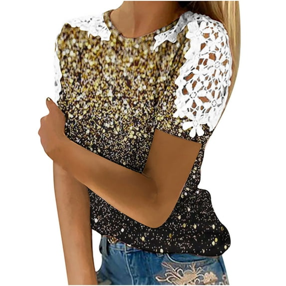 ibuvkizy Summer Shirts for Women Clearance Short Sleeve Blouses Ladies Round Neck Solid Color Lace Crochet Tops Dressy Chiffon Blouses Gold XXL