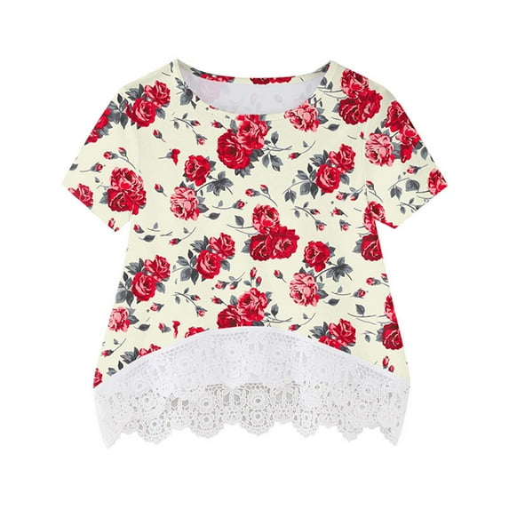 ibuvkizy Summer Top Shirt for Girls Printed Lace Floral Round Neck T Shirt Top Kids,Girls Shirt Layered Print Short Sleeve Cute Kids Blouse Lace Tee