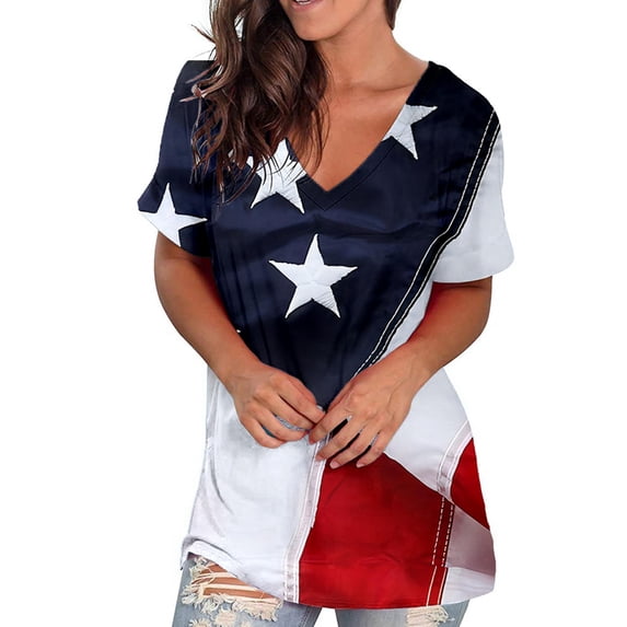 ibuvkizy Summer Tops for Women 2025!Independence Day Shirts for Women Fashion American Flag Tops Patriotic Crewneck Short Sleeve Print Tees,4th of July Shirt Black L