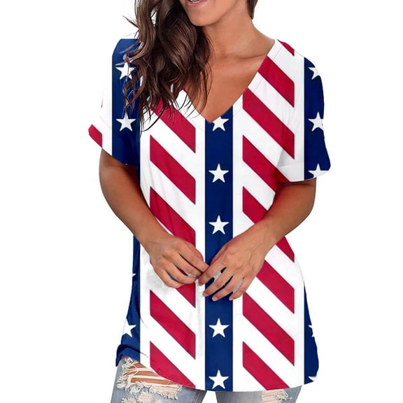 ibuvkizy Summer Tops for Women 2025!Independence Day Shirts for Women Fashion American Flag Tops Patriotic Crewneck Short Sleeve Print Tees,4th of July Shirt Red XXXXL
