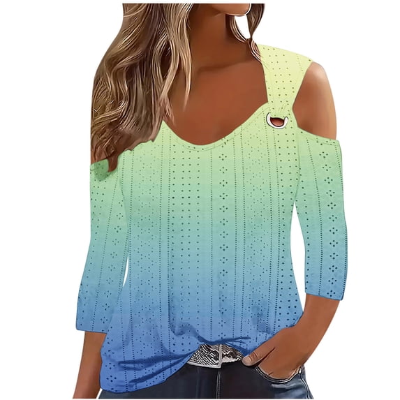 ibuvkizy Summer Tops for Women 2024 Clearance Womens Cold Shoulder Top Summer Basic T Shirts 3/4 Sleeve Casual Blouse Tshirts V-Neck Loose Solid Color Fade Shirts
