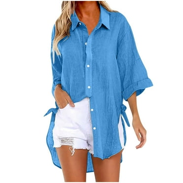 ibuvkizy Summer Tops for Women 2024 Clearance Womens Cotton Linen Button Down Shirts Casual 3/4 Sleeve Solid Color Shirts Loose Work Tops with Pockets,Sizes S-2XL