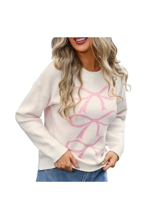 Sweaters for Women,Women 2025 Winter Fashion Crewneck Long Sleeve Sweaters Bowknot Knitted Casual Loose Pullover Tops White,S
