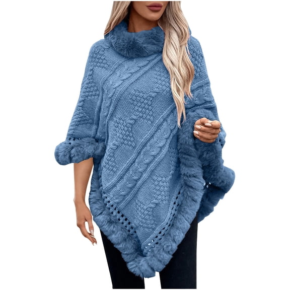 ibuvkizy Sweaters for Women Solid Color Long Hook Flower Hollow Irregular Tassel Shawl Knitted Sweater Blue,Free Size