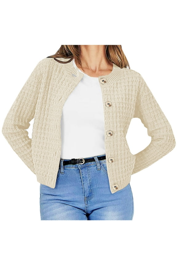 Sweaters for Women Round Neck Knitted Top Retro Casual Single Breasted Long Sleeved Cardigan Sweater Jacket Beige,L