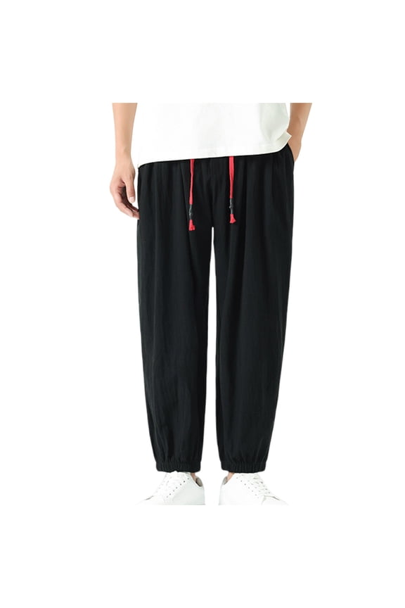Sweatpants for Mens Pants with Pockets Men's Elastic Waist Linen Pants Large Size Haren Pants Loose Drawstring Linen Casual Trousers Black,XXXL