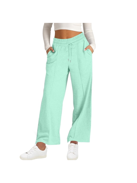 Sweatpants Women with Pockets,Women Fashion Trousers Full Pants Casual Drawstring Straight Solid Color Loose Casual Wide Leg Pants Mint Green,S