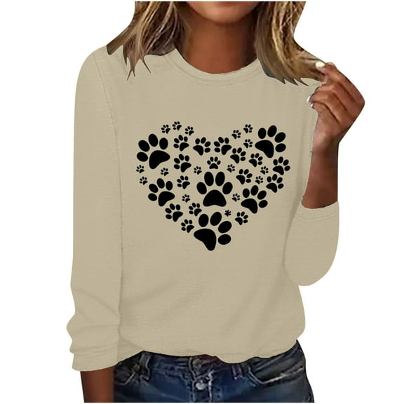 ibuvkizy Sweatshirt for Women Printed Round Neck Pullover Long Sleeved Casual Womens Sweatshirts Beige,L
