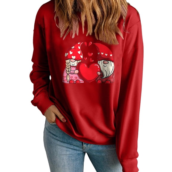 ibuvkizy Sweatshirt for Women Valentine's Day Round Neck Lover's Love Print Sweatshirt Long Sleeved Pullover Top/shirt Red,XS