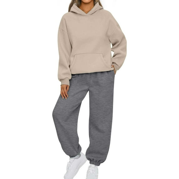 ibuvkizy Sweatsuits Women 2 Piece Outfit!2PCS Outfits Women's Sports Tracksuits Long Sleeve Pullover Hoodies Sweatshirt and Sweatpants Fall Winter Suit Khaki,S