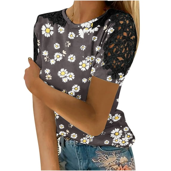 ibuvkizy T-Shirts for Women Trendy Lace Floral Loose Patchwork Womens Blouses and Tops Dressy Casual Summer Round Neck Short Sleeve Tshirts Shirts for Women White#02 L