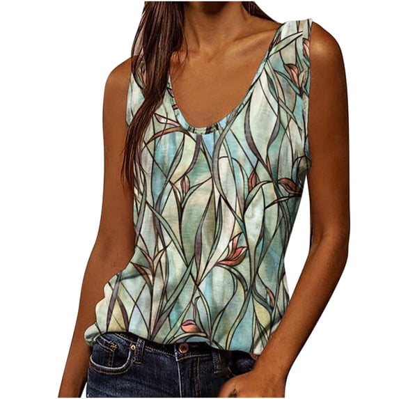 ibuvkizy Tank Tops for Women 2025 Womens Summer Tank Tops,Women Fashion Sexy Sleeveless Flower Pirnt Vest U-neck Printed Tops Tee Vest Blouse Tops