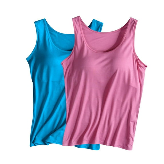 ibuvkizy Tank Tops for Women 2025!2PC Womens Tank Tops with Built in Bras Solid Color Sleeveless Comfy Yoga Workout Sports Tops Activewear for Women