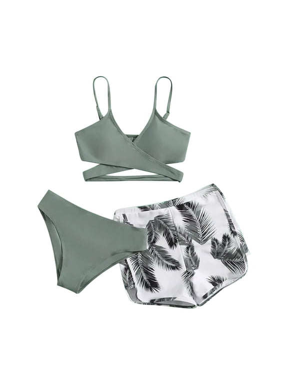 Tankinis Swimsuits for Women Loose Modest Two Piece Bathing Suits Solid Bikini Strap Deep V Sexy Split Swimsuit Set Three-piece Swimming Suit Bikini Sets for Women's Plus Size