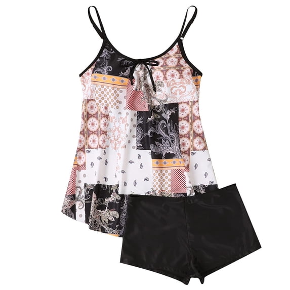 ibuvkizy Tankinis Swimsuits for Women Loose Modest Two Piece Bathing Suits Women Conservative Print Strappy Back Set Swimsuits Swimdress Bikini Sets for Women's Plus Size