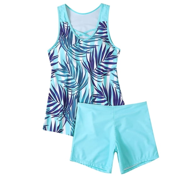 ibuvkizy Tankinis Swimsuits for Women Loose Modest Two Piece Bathing Suits Women Conservative Print Strappy Back Set Swimsuits Swimdress Bikini Sets for Women's Plus Size
