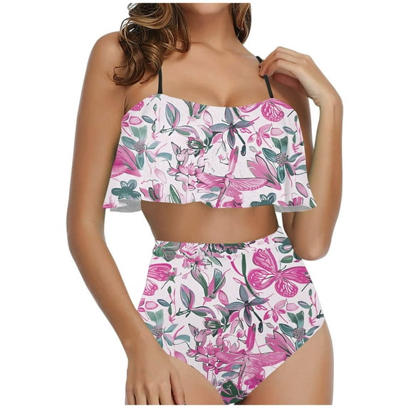 ibuvkizy Tankinis Swimsuits for Women Loose Modest Two Piece Bathing Suits Ladies Fashion Multicolor Retro Print Swimming Trunks Sling Women Split Swimsuit Bikini Sets for Women's Plus Size