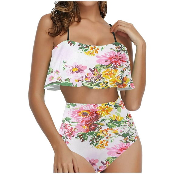 ibuvkizy Tankinis Swimsuits for Women Loose Modest Two Piece Bathing Suits Ladies Fashion Multicolor Retro Print Swimming Trunks Sling Women Split Swimsuit Bikini Sets for Women's Plus Size