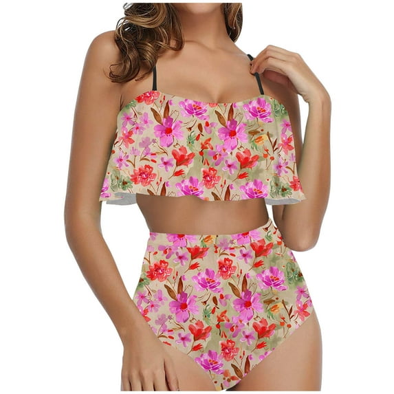 ibuvkizy Tankinis Swimsuits for Women Loose Modest Two Piece Bathing Suits Ladies Fashion Multicolor Retro Print Swimming Trunks Sling Women Split Swimsuit Bikini Sets for Women's Plus Size