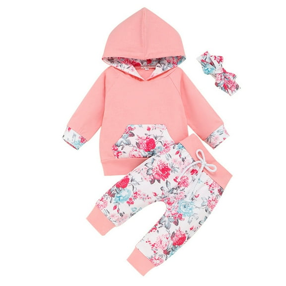 ibuvkizy Toddler Baby Girl Tank Top Sets,Summer Baby Girl Outfits Clothes,3Pcs Infant Long Sleeve Hoodie With Pocket Tops Floral Pants With Headband,Gifts for Her
