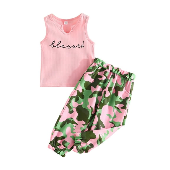 ibuvkizy Toddler Baby Girl Tank Top Sets Summer Girl Outfits Clothes,1-6 Years Girl Letter Print Solid Color Sleeveless Top Camouflage Pants Two-piece Set,Gifts for Her
