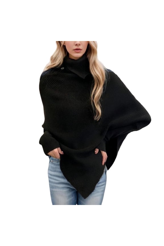 Turtleneck Sweaters for Women,Solid Color Long Sleeve Pullover Sweater,Women's Irregular High Neck Button Shirt Knitted Shawl Top Black,S