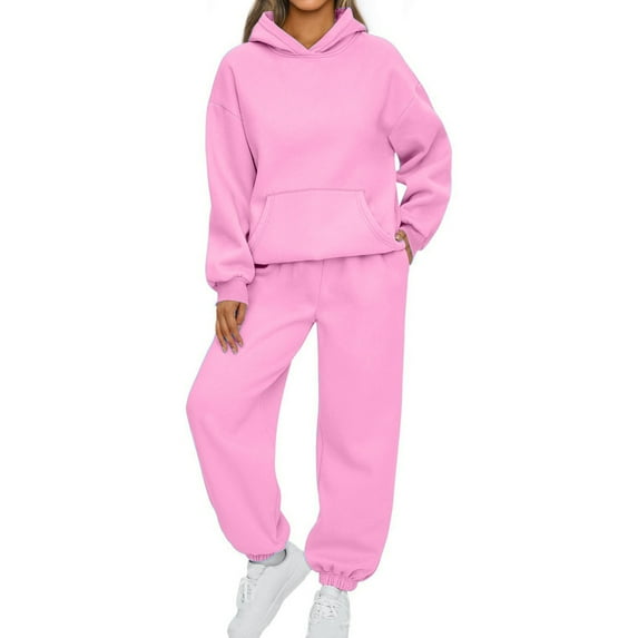 ibuvkizy Two Piece Sets for Women 2PCS Outfits Women's Sports Tracksuits Long Sleeve Pullover Hoodies Sweatshirt and Sweatpants Fall Winter Suit Pink,S