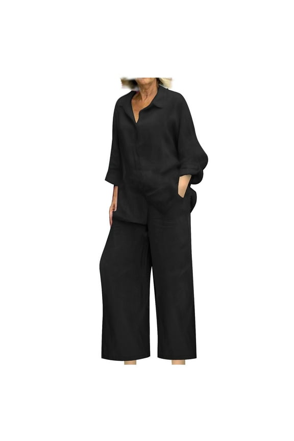 Two Piece Sets for Women Casual Outfit Sets,Women Jogger Outfit Plus Size,Women's Spring and Summer V-neck Loose Lapel Long Sleeved Shirt Wide Leg Pants Color Set