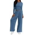 thumbnail image 1 of ibuvkizy Two Piece Sets for Women Fashionable Solid Color Casual Suit Long Sleeved Crop Top Comfortable High Waist Wide Leg Casual Pants Blue,XL, 1 of 4