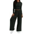 thumbnail image 1 of ibuvkizy Two Piece Sets for Women Fashionable Solid Color Casual Suit Long Sleeved Crop Top Comfortable High Waist Wide Leg Casual Pants Black,S, 1 of 4