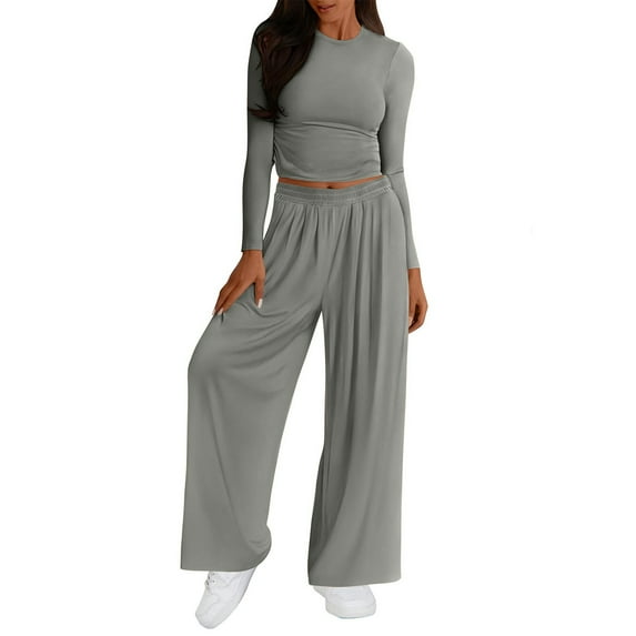 ibuvkizy Two Piece Sets for Women Fashionable Solid Color Casual Suit Long Sleeved Crop Top Comfortable High Waist Wide Leg Casual Pants Gray,L
