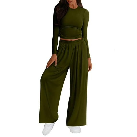 ibuvkizy Two Piece Sets for Women Fashionable Solid Color Casual Suit Long Sleeved Crop Top Comfortable High Waist Wide Leg Casual Pants Army Green,M