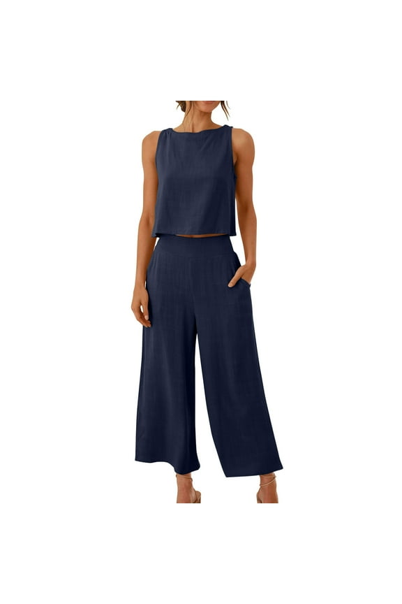 Two Piece Sets for Women,Summer Casual Outfit Sets,Women Jogger Outfit Plus Size,2PC Fashion Woman Round Neck Solid Sleeveless Blouse +Loose Pockets Pants Sets,Womens Clothing