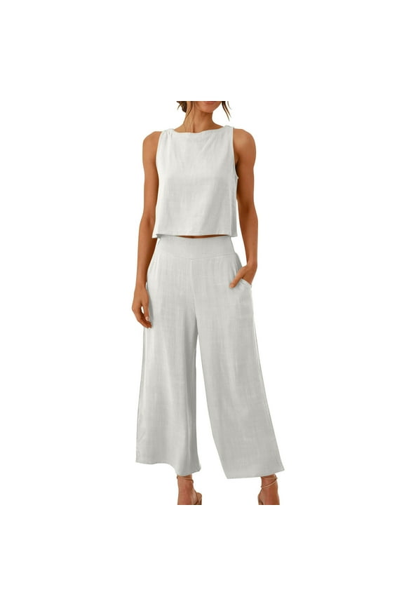Two Piece Sets for Women,Summer Casual Outfit Sets,Women Jogger Outfit Plus Size,2PC Fashion Woman Round Neck Solid Sleeveless Blouse +Loose Pockets Pants Sets,Womens Clothing