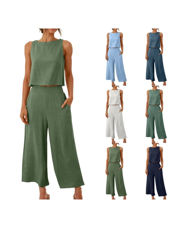 Two Piece Sets for Women,Summer Casual Outfit Sets,Women Jogger Outfit Plus Size,2PC Fashion Woman Round Neck Solid Sleeveless Blouse +Loose Pockets Pants Sets,Womens Clothing
