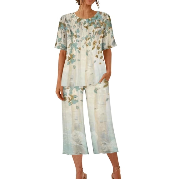 ibuvkizy Two Piece Sets for Women Summer Casual Outfit Sets,Women Jogger Outfit Plus Size,Printing Round Neck Short Sleeve Sleepshirt and Pants Sets Loungewear Pajamas,Womens Clothing