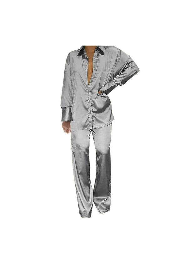 Two Piece Sets for Women Summer Casual Outfit Sets,Women Jogger Outfit Plus Size,Women's Casual Solid Turn-down Collar Long Sleeve Shirt Tops and Trousers Set Suit